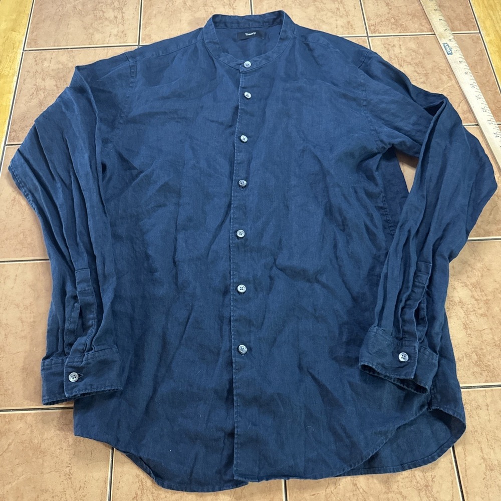 Theory Irving Blue Long Sleeve Button Band Collar Shirt Relaxed Linen‎ Sz XS